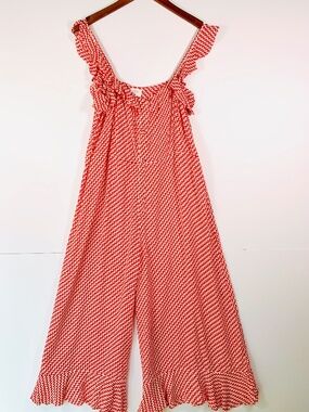 Keliki Hawaii romper red white chevron jumpsuit flowy wide leg ruffle straps
